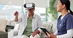 Elderly, woman and nurse with virtual reality headset for futuristic medical healthcare, metaverse or consultation. Female people, caregiver and rehabilitation innovation, technology or living room