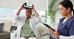 Senior, woman and vr headset, nurse and house, headache and consulting by caregiver and living room. Virtual reality, medical and professional with elderly female person, tablet and talk for support