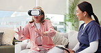 Happy, healthcare and senior woman with vr or nurse in home for virtual therapy on futuristic technology. Elderly, nursing and learning from virtual reality for mental health and cognitive function