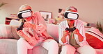 Senior, women and friends with vr headset for games, home and futuristic in living room and couch. Lounge, house and female people with controller, fun and gaming of technology for entertainment