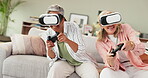 Futuristic, senior and women with vr  headset, games and lounge of home, fun and gaming on couch. House, living room and female people with remote controller and friends with technology and digital