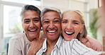Old women, smile or selfie to relax in friendship on social media, app or community support in home. Female pensioners, happy or hug to post, update or share memory by bonding together in retirement