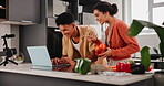 Couple, cooking and streaming in kitchen for food blog and recipe with lunch or dinner planning on laptop at home. Young woman and man, influencer or content creator with creative and meal prep ideas