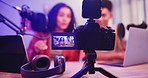 Influencer, content creation or streamer couple on camera screen for podcast, welcome or channel intro. Filming, social networking or people at home for online audience, conversation or digital chat