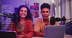 Live streaming, podcast and couple with comments in home for content creation, conversation and talk show. Influencer, laptop and portrait of happy man and woman with mic for chat, broadcast and vlog