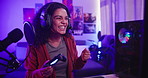 Gamer, celebration or girl winner in house with video game controller, celebration or esports success. Streamer, console or gaming influencer excited for digital achievement or follower milestone 