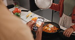 People, phone screen and recording vlog for cooking with hands, ingredients and video tutorial in home. Chef, person and smartphone for live streaming, recipe and post for nutrition, diet and food