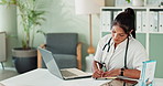 Computer, doctor and woman writing notes in book for healthcare report, research or information online. Laptop, notebook or medical professional planning schedule, prescription or results in hospital