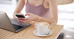 Phone, laptop and hands of woman with coffee in cafe network on social media, mobile app or internet. Technology, cappuccino and female freelancer typing email on cellphone and computer in restaurant