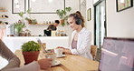 Coffee shop, remote work and people on laptop working for research, website and internet. Freelancer, business and woman with cappuccino drink in restaurant on computer for email, project and report