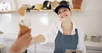 Woman, ice cream and shop seller with dessert or frozen food with hands of happy cashier. Customer, person and giving gelato cone, sweets and dairy sugar for service of employee at store closeup