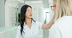 Glasses, store and customer in consultation with optometrist and helping woman with choice. Check, prescription and person shopping with decision for eyewear, spectacles and lens with frame in retail