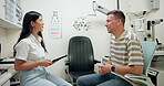 Optometrist, check up and results of vision, eye exam or wellness for medical insurance. Specialist, clinic and optical support for prescription, glasses and consultation for healthcare or sight