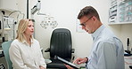 Optometry, doctor and consulting with tablet for patient, online information and digital records for eye test. Optometrist, client and technology for prescriptions, conversation and assessment.