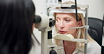 Ophthalmology, woman and machine with laser for eye exam with vision test, consultation and scanning at optometrist. Patient, optical tool and glaucoma check for eyesight correction and retina health