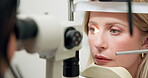 Closeup, eye exam or slit lamp in ophthalmology, optometry or visual healthcare assessment in clinic. Doctor, patient or led light on glaucoma testing equipment as lens consultation by retina expert