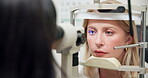 Woman, eye or slit lamp in glaucoma, exam or ophthalmology as visual, healthcare or treatment. Female ophthalmologist, patient or led light as medical technology to measure vision in lens assessment