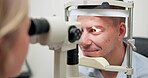 Ophthalmology, man and laser for vision test with eye exam, consultation and happy with scanning at optometrist. Patient, optical machine and glaucoma check for eyesight correction and retina health