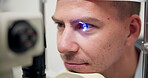 Closeup, slit lamp or optometry as eye, test or ophthalmology by visual, health or care in hospital. Lens, patient or led light as retina, glaucoma or assessment in consultation by optic expert