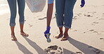 Volunteer, beach and trash cleaning for environment community service for pollution, plastic or waste management. People, climate change and nature ocean for recycling, global warming or teamwork
