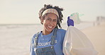 Beach, face and excited woman with plastic bag for earth day, sustainability or ocean cleaning project. Recycle, sustainability or portrait of lady volunteer at sea for NGO, accountability or charity
