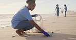 Volunteer, beach or woman with plastic, bottle or bag in nature for sustainability, help or ocean cleaning project. Accountability, team or friends at sea for earth day, social responsibility or NGO