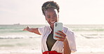 Black woman, smartphone and happy with vlog at beach for social media, website and influencer on holiday in New York. Female person, video and smile on summer vacation for adventure and post online. 