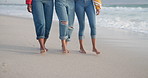 Walking, friends or legs of people at beach on holiday vacation in summer at sea in Miami, USA. Closeup, ocean or feet of women at reunion together with diversity or peace to relax in nature travel