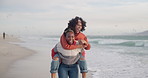 Lesbian, piggyback or couple at beach on holiday vacation break in nature at sea in Miami, USA. Laughing, games or excited women at an ocean with diversity, smile or love to relax, play or travel