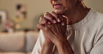 Woman, hands and religion praying to God for Christian gratitude or honesty help, guidance or worship. Female person, holy spirit and grief support for healing guide or thankful, Jesus or confession