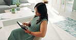 Woman, tablet and online for market research in office, check email and app for planning agenda. Female employee, agenda and networking for business deal, agency website and internet for high angle