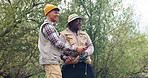 Men, friends and fishing rod on adventure in nature with helping hand, excited and happy for catch. People, fisherman and together for games, sports and angling in countryside, forest and vacation