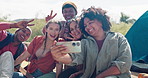 Camping, peace sign and selfie of group of friends for social media, online post and travel vlog memories. Campsite, emoji and happy men and women in forest for adventure, holiday and vacation