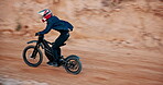 Man, motorbike and competition and extreme sports for driving race or outdoor adventure for training, challenge or adrenaline. Person, rider and hills with speed for fitness on dunes, fast or racer