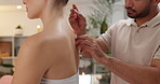 Acupuncture, needle and back in health spa, woman or acupuncturist in wellness clinic for physical therapy. Holistic healing, healthcare or traditional Chinese practice, pain relief in nervous system