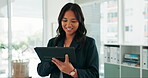 Tablet, businesswoman and scrolling in office, touchscreen and online research. Technology, website and mobile connection for reporter or journalist, creative or search on internet for information