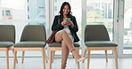 Job interview, waiting room or excited woman with phone sign up, recruitment or application. We are hiring, smartphone or happy employee with app for onboarding, survey or paperless process in Mexico