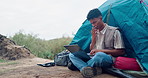 Camping, man thinking or remote work on laptop in nature for planning, research or solution. Freelance, tent or off grid digital nomad in forest for pc, search or content creation idea or travel blog