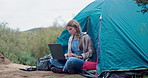 Remote work, camping and woman with laptop in nature for planning, research or web communication. Freelance, tent and off grid digital nomad in forest with pc, search or travel blog content creation