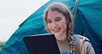 Camping, tablet and girl in tent in nature on adventure, holiday and vacation outdoors. Service provider, network and person on digital tech for social media, online post and travel update in Sweden