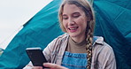 Camping, happy and woman in tent with phone on adventure, holiday and vacation outdoors. Nature, relax and person on campsite with smartphone for social media, online post and travel update in Sweden