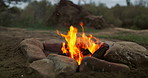 Fire, outdoor and camping wood with flames for heat and survival in nature in a forest. Adventure, field and rocks in a campsite with smoke, burning and pit for cooking on the ground with grass