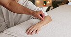 Arm, spa and needle for acupuncture massage with skincare treatment for self care, relaxation and refresh. Closeup, luxury and cosmetics for health benefit or fresh skin on break and holiday