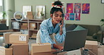 Woman, designer and boxes with laptop, phone call and talking to client for delay in distribution for fashion. Girl, person and small business owner with contact, computer and shipping process at job