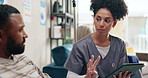 Tablet, healthcare or man consulting doctor in hospital for planning, surgery or schedule check. Clinic, faq or surgeon and patient with app for digital checklist, prescription or online insurance