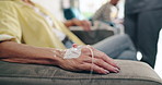 Healthcare, hands and senior woman with iv drip in a hospital for cancer, treatment or chemotherapy. Catheter, fluid and elderly female patient at a wellness clinic for kidney dialysis treatment