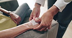 Doctor, IV needle and patient hands with plaster at a hospital with vaccine and healthcare infusion with virus. Medicine, clinic and medical support and nurse helping with blood sample for treatment