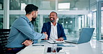 Contract, men or happy business people shaking hands in office discussion or b2b negotiation. Smile, collaboration or worker with handshake to welcome a proud employee speaking of partnership deal