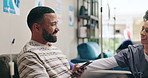Woman, nurse and talking with patient for checkup, healthcare or appointment in lounge at hospital. Happy female person or scrub consulting man or client in waiting room for drip or therapy at clinic