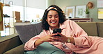 Typing, girl and relax on sofa laughing for social media post or meme, funny text and comic content online. Woman, home and smartphone with internet for researching or streaming entertainment videos.